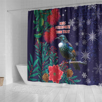 Tui Meri Kirihimete Personalised Shower Curtain Pohutukawa Flowers Blue Motif - Polynesian Pride
