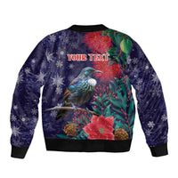 Tui Meri Kirihimete Personalised Sleeve Zip Bomber Jacket Pohutukawa Flowers Blue Motif - Polynesian Pride