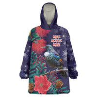 Tui Meri Kirihimete Personalised Wearable Blanket Hoodie Pohutukawa Flowers Blue Motif - Polynesian Pride