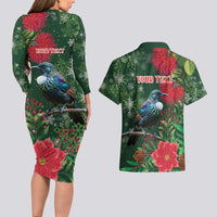 Tui Meri Kirihimete Personalised Couples Matching Long Sleeve Bodycon Dress and Hawaiian Shirt Pohutukawa Flowers Green Motif - Polynesian Pride