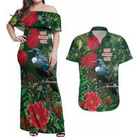 Tui Meri Kirihimete Personalised Couples Matching Off Shoulder Maxi Dress and Hawaiian Shirt Pohutukawa Flowers Green Motif - Polynesian Pride
