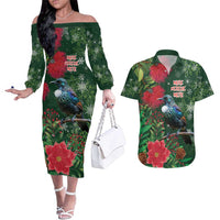 Tui Meri Kirihimete Personalised Couples Matching Off The Shoulder Long Sleeve Dress and Hawaiian Shirt Pohutukawa Flowers Green Motif - Polynesian Pride