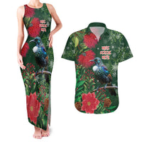 Tui Meri Kirihimete Personalised Couples Matching Tank Maxi Dress and Hawaiian Shirt Pohutukawa Flowers Green Motif - Polynesian Pride