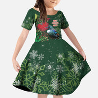 Tui Meri Kirihimete Personalised Family Matching Long Sleeve Bodycon Dress and Hawaiian Shirt Pohutukawa Flowers Green Motif - Polynesian Pride