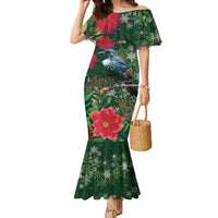 Tui Meri Kirihimete Personalised Family Matching Mermaid Dress and Hawaiian Shirt Pohutukawa Flowers Green Motif - Polynesian Pride