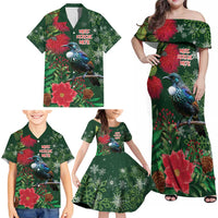 Tui Meri Kirihimete Personalised Family Matching Off Shoulder Maxi Dress and Hawaiian Shirt Pohutukawa Flowers Green Motif - Polynesian Pride