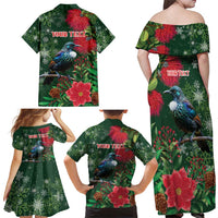 Tui Meri Kirihimete Personalised Family Matching Off Shoulder Maxi Dress and Hawaiian Shirt Pohutukawa Flowers Green Motif - Polynesian Pride