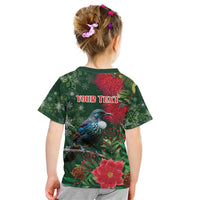 Tui Meri Kirihimete Personalised Kid T Shirt Pohutukawa Flowers Green Motif - Polynesian Pride
