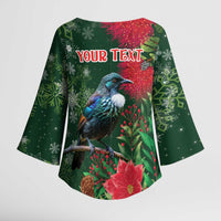 Tui Meri Kirihimete Personalised Kimono Sleeve Blouse Pohutukawa Flowers Green Motif - Polynesian Pride