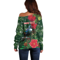 Tui Meri Kirihimete Personalised Off Shoulder Sweater Pohutukawa Flowers Green Motif - Polynesian Pride