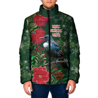 Tui Meri Kirihimete Personalised Padded Jacket Pohutukawa Flowers Green Motif - Polynesian Pride