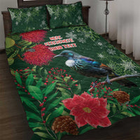 Tui Meri Kirihimete Personalised Quilt Bed Set Pohutukawa Flowers Green Motif - Polynesian Pride