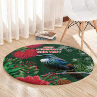 Tui Meri Kirihimete Personalised Round Carpet Pohutukawa Flowers Green Motif - Polynesian Pride