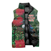 Tui Meri Kirihimete Personalised Sleeveless Puffer Jacket Pohutukawa Flowers Green Motif - Polynesian Pride