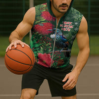 Tui Meri Kirihimete Personalised Sleeveless Zip Hoodie Pohutukawa Flowers Green Motif - Polynesian Pride