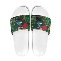 Tui Meri Kirihimete Personalised Slide Sandals Pohutukawa Flowers Green Motif - Polynesian Pride