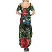 Tui Meri Kirihimete Personalised Summer Maxi Dress Pohutukawa Flowers Green Motif - Polynesian Pride