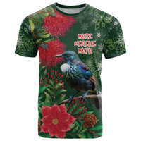 Tui Meri Kirihimete Personalised T Shirt Pohutukawa Flowers Green Motif - Polynesian Pride