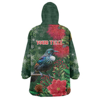Tui Meri Kirihimete Personalised Wearable Blanket Hoodie Pohutukawa Flowers Green Motif - Polynesian Pride