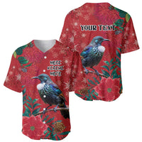 Tui Meri Kirihimete Personalised Baseball Jersey Pohutukawa Flowers Red Motif - Polynesian Pride