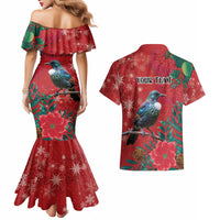 Tui Meri Kirihimete Personalised Couples Matching Mermaid Dress and Hawaiian Shirt Pohutukawa Flowers Red Motif - Polynesian Pride