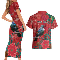 Tui Meri Kirihimete Personalised Couples Matching Short Sleeve Bodycon Dress and Hawaiian Shirt Pohutukawa Flowers Red Motif - Polynesian Pride