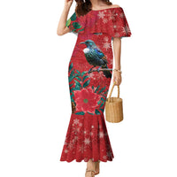Tui Meri Kirihimete Personalised Family Matching Mermaid Dress and Hawaiian Shirt Pohutukawa Flowers Red Motif - Polynesian Pride