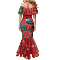 Tui Meri Kirihimete Personalised Family Matching Mermaid Dress and Hawaiian Shirt Pohutukawa Flowers Red Motif - Polynesian Pride
