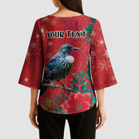 Tui Meri Kirihimete Personalised Kimono Sleeve Blouse Pohutukawa Flowers Red Motif - Polynesian Pride