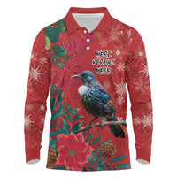 Tui Meri Kirihimete Personalised Long Sleeve Polo Shirt Pohutukawa Flowers Red Motif LT9 Red - Polynesian Pride
