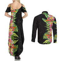 Hawaii Tropical Flowers Tribal Pattern Couples Matching Summer Maxi Dress and Long Sleeve Button Shirt No1 LT9 - Polynesian Pride