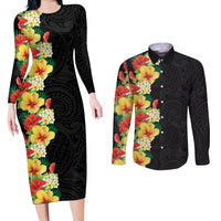 Hawaii Tropical Flowers Tribal Pattern Couples Matching Long Sleeve Bodycon Dress and Long Sleeve Button Shirt No2 LT9 Black - Polynesian Pride