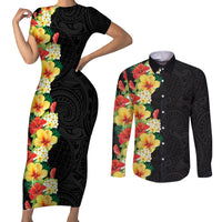 Hawaii Tropical Flowers Tribal Pattern Couples Matching Short Sleeve Bodycon Dress and Long Sleeve Button Shirt No2 LT9 Black - Polynesian Pride
