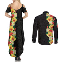 Hawaii Tropical Flowers Tribal Pattern Couples Matching Summer Maxi Dress and Long Sleeve Button Shirt No2 LT9 - Polynesian Pride