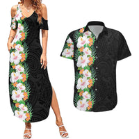 Hawaii Tropical Flowers Tribal Pattern Couples Matching Summer Maxi Dress and Hawaiian Shirt No3 LT9 Black - Polynesian Pride