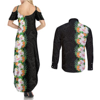 Hawaii Tropical Flowers Tribal Pattern Couples Matching Summer Maxi Dress and Long Sleeve Button Shirt No3 LT9 - Polynesian Pride