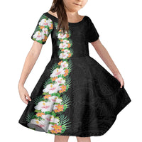 Hawaii Tropical Flowers Tribal Pattern Family Matching Off Shoulder Maxi Dress and Hawaiian Shirt No3 LT9 Daughter's Dress Black - Polynesian Pride