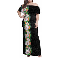 Hawaii Tropical Flowers Tribal Pattern Family Matching Off Shoulder Maxi Dress and Hawaiian Shirt No3 LT9 Mom's Dress Black - Polynesian Pride