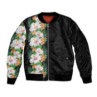 Hawaii Tropical Flowers Tribal Pattern Sleeve Zip Bomber Jacket No3 LT9 Unisex Black - Polynesian Pride