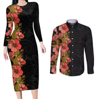 Hawaii Tropical Flowers Tribal Pattern Couples Matching Long Sleeve Bodycon Dress and Long Sleeve Button Shirt No4 LT9 Black - Polynesian Pride
