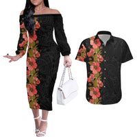 Hawaii Tropical Flowers Tribal Pattern Couples Matching Off The Shoulder Long Sleeve Dress and Hawaiian Shirt No4 LT9 Black - Polynesian Pride