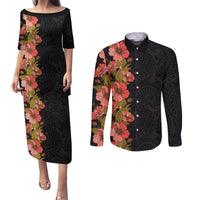 Hawaii Tropical Flowers Tribal Pattern Couples Matching Puletasi and Long Sleeve Button Shirt No4 LT9 Black - Polynesian Pride