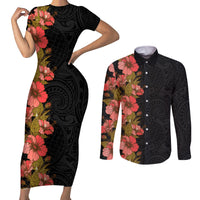 Hawaii Tropical Flowers Tribal Pattern Couples Matching Short Sleeve Bodycon Dress and Long Sleeve Button Shirt No4 LT9 Black - Polynesian Pride
