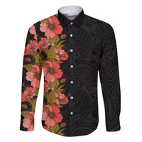Hawaii Tropical Flowers Tribal Pattern Family Matching Short Sleeve Bodycon Dress and Hawaiian Shirt No4 LT9 Dad's Shirt - Long Sleeve Black - Polynesian Pride