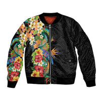 Hawaii Tropical Flowers Tribal Pattern Bomber Jacket No5 LT9 Unisex Black - Polynesian Pride