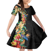 Hawaii Tropical Flowers Tribal Pattern Kid Short Sleeve Dress No5 LT9 KID Black - Polynesian Pride