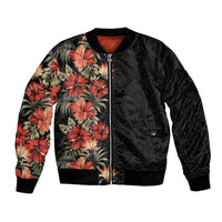 Hawaii Tropical Flowers Tribal Pattern Bomber Jacket No6 LT9 Unisex Black - Polynesian Pride