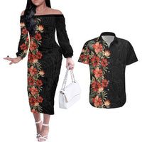 Hawaii Tropical Flowers Tribal Pattern Couples Matching Off The Shoulder Long Sleeve Dress and Hawaiian Shirt No6 LT9 Black - Polynesian Pride