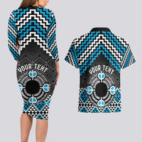Personalised Aotearoa Niho Taniwha Motif Couples Matching Long Sleeve Bodycon Dress and Hawaiian Shirt Blue Style