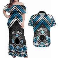 Personalised Aotearoa Niho Taniwha Motif Couples Matching Off Shoulder Maxi Dress and Hawaiian Shirt Blue Style